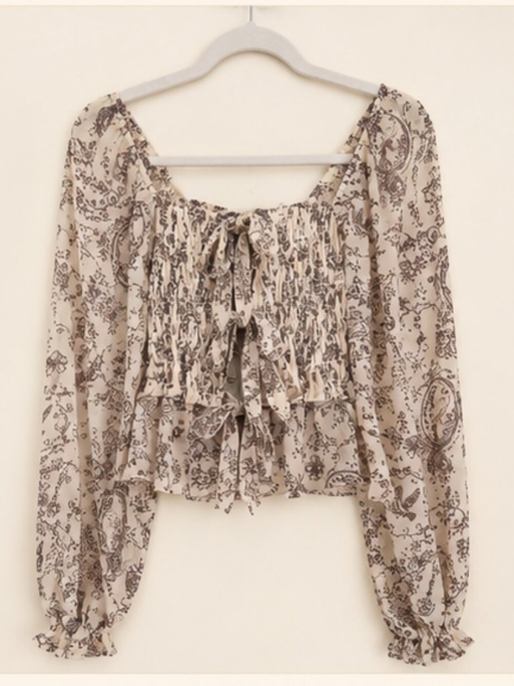 Francesca's Toile Print Smocked Bow Front Peasant Top XS Romantic Cottagecore
